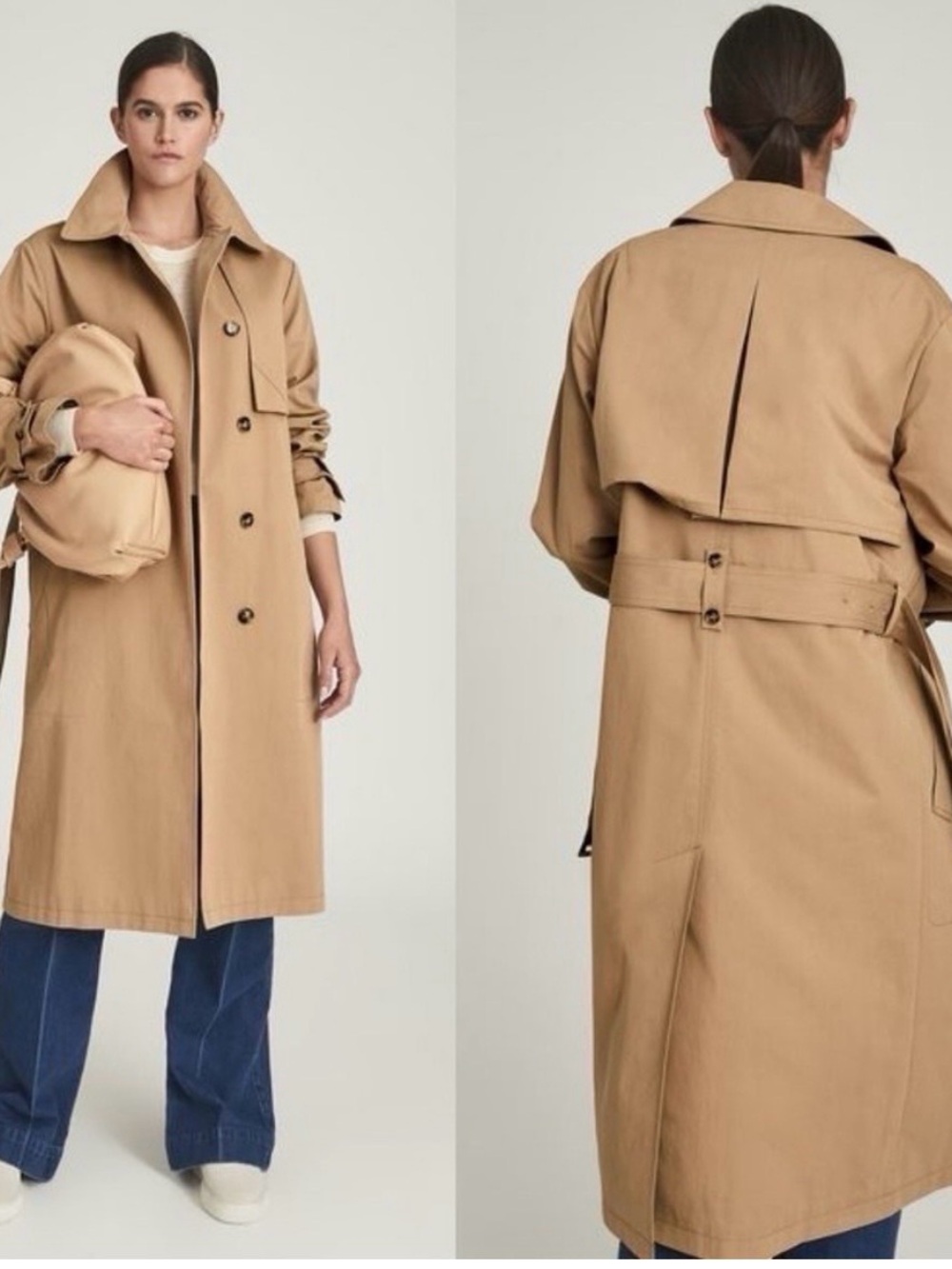 Reiss Sophie Camel Cotton Blend Longline Women’s Trench Coat size 8